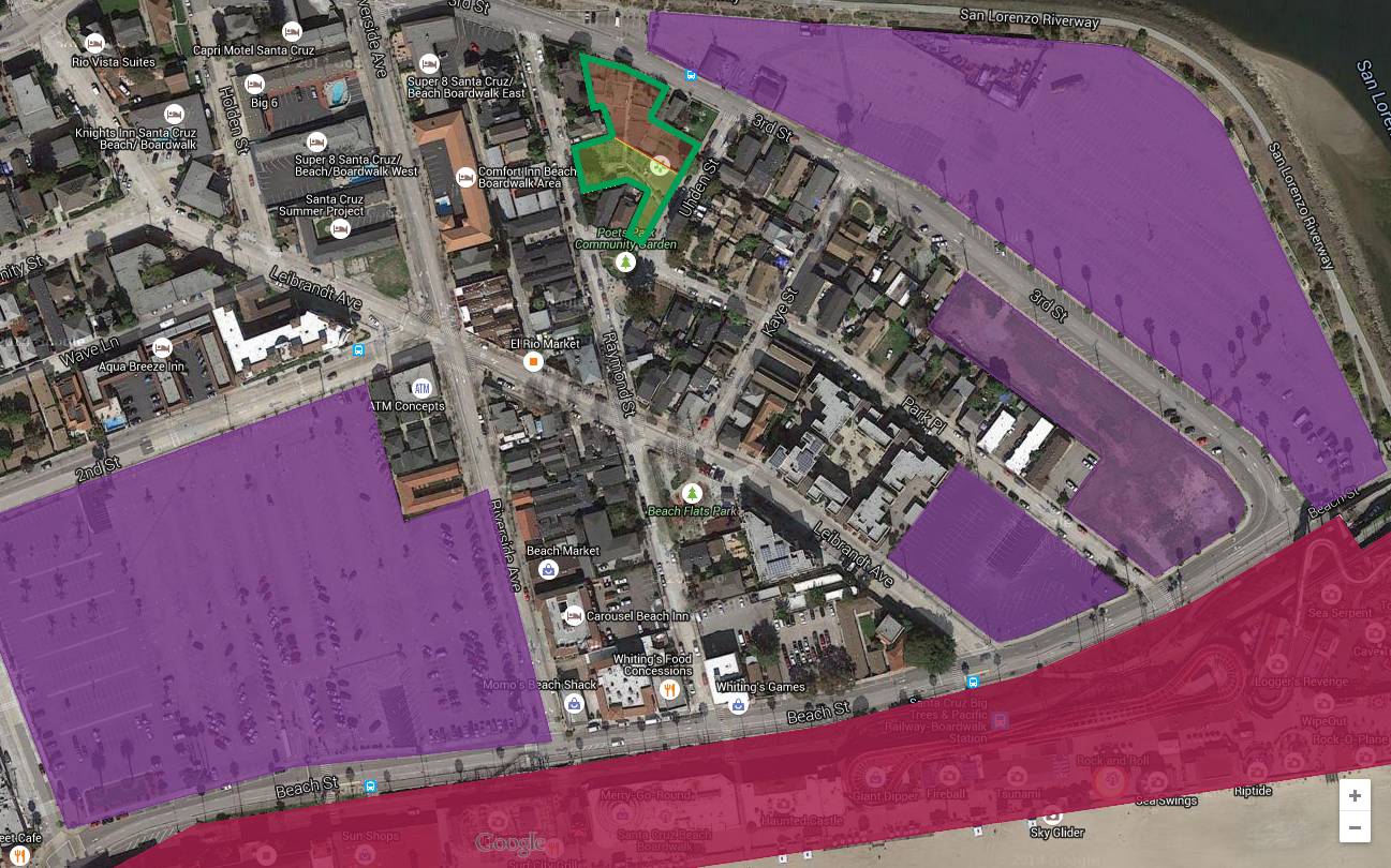 An overhead analysis by Joe Bonanno provides an elevating perspective on the situation.  In this tightly packed neighborhood of many residents and few backyards, the 0.6 acre Beach Flats Community Garden (outlined in Green) provides some refreshing green space with its host of other benefits.  The Seaside Company already benefits from about 16 acres of asphalted parking lot (Purple) in the vicinity of the garden it aims to displace. Apart from the Beach Boardwalk itself (Red), the Seaside Co. also owns a significant portion of the other business and residential parcels in the neighborhood (Unmarked).